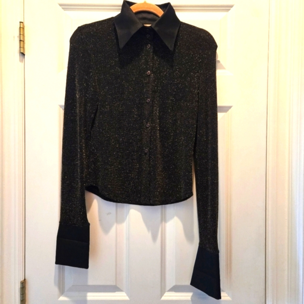 Vintage Y2K Top L Italy Collared Blouse Button Shirt Black Shimmer Stretchy